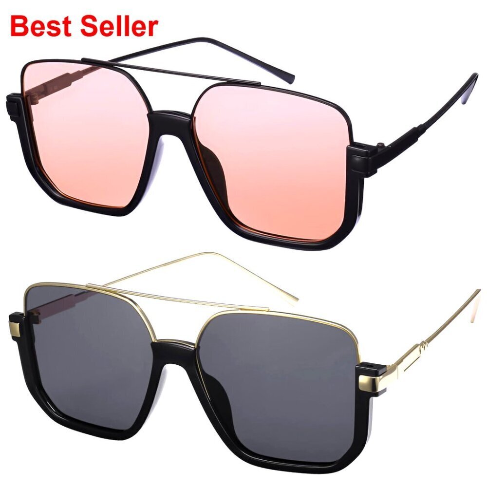 Retro Oversized Square Sunglasses, 2 Pairs Semi-Rimless Vintage Shades